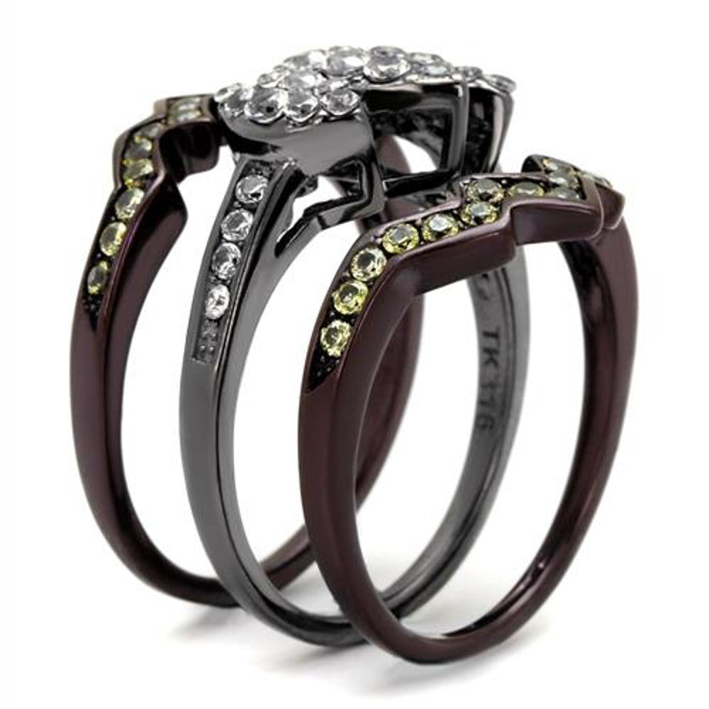 ARTK1869LJ Black & Brown Stainless Steel 1.95 Ct Round Cut Cz Wedding Ring Set Women's 5-10